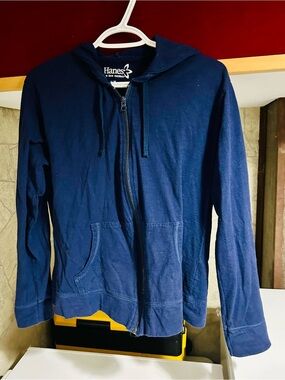 Womens L Hanes Dark Blue Hoodie with White Logo